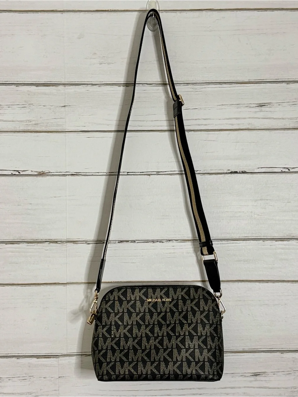 Michael Kors Cindy Large Dome Crossbody Bag Black Signature Logo Print Gold Hard